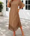 Kadın Kısa Kollu Bisiklet Yakalı Püskül Zikzak şekilli Midi Viskon Elbise