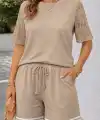 Kadın Kısa Kollu Bisiklet Yakalı Waffle Bluz Ve Short Ikili Takım