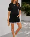 Kadın Kısa Kollu Bisiklet Yakalı Waffle Bluz Ve Short Ikili Takım
