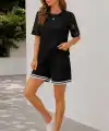 Kadın Kısa Kollu Bisiklet Yakalı Waffle Bluz Ve Short Ikili Takım