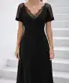 Kadın Kısa Kollu Dantel V Yakalı Midi Viskon Elbise