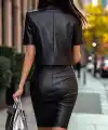 Kadın Kısa Kollu Deri Ceket Ve Askılı Mini Elbise