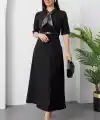 Kadın Kısa Kollu Fular Ve Kemer Detay önden Yırtmaçlı Maxi Boy Elbise