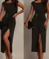 Kadın Kısa Kollu Geometrik Yakalı önden Açık Modal Mini Elbise