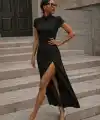 Kadın Kısa Kollu Hakim Yakalı Yırtmaçlı Midi Ithal Krep Elbise