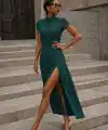 Kadın Kısa Kollu Hakim Yakalı Yırtmaçlı Midi Ithal Krep Elbise
