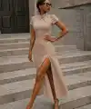 Kadın Kısa Kollu Hakim Yakalı Yırtmaçlı Midi Ithal Krep Elbise