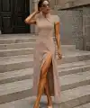 Kadın Kısa Kollu Hakim Yakalı Yırtmaçlı Midi Ithal Krep Elbise