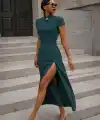 Kadın Kısa Kollu Hakim Yakalı Yırtmaçlı Midi Ithal Krep Elbise