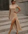 Kadın Kısa Kollu Hakim Yakalı Yırtmaçlı Midi Ithal Krep Elbise