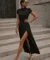 Kadın Kısa Kollu Hakim Yakalı Yırtmaçlı Midi Ithal Krep Elbise