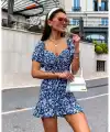 Kadın Kısa Kollu Kalp Yaka çiçek Desenli Krep Elbise