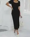 Kadın Kısa Kollu Kare Yaka Yandan Yırtmaçlı Fitilli Kaşkorse Elbise