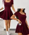 Kadın Kısa Kollu Kare Yakalı Cep Detaylı Dalgıç Elbise Tulum