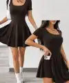 Kadın Kısa Kollu Kare Yakalı Cep Detaylı Dalgıç Elbise Tulum