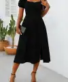 Kadın Kısa Kollu Kare Yakalı Yırtmaçlı Midi Janjan Krep Elbise