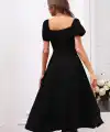 Kadın Kısa Kollu Kare Yakalı Yırtmaçlı Midi Janjan Krep Elbise