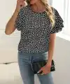 Kadın Kısa Kollu Kolları Volanlı Baskılı Süprem Bluz