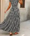 Kadın Kısa Kollu Kruvaze Yaka Beli Lastikli Süprem Maksi Boy Elbise