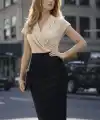 Kadın Kısa Kollu Kruvaze Yaka Krep Elbise (Kemersiz)