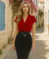 Kadın Kısa Kollu Kruvaze Yaka Krep Elbise (Kemersiz)