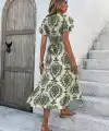 Kadın Kısa Kollu Kruvaze Yakalı Belden Bağcıklı Desenli Süprem Midi Elbise