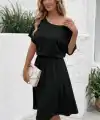 Kadın Kısa Kollu Omuzdan Açık Kiloş Midi Viskon Elbise
