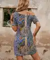 Kadın Kısa Kollu Omuzlardan Askılı Desenli Kısa Süprem Elbise