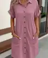 Kadın Kısa Kollu önden Düğmeli Cep Detaylı Mini Bürümcük Elbise
