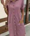 Kadın Kısa Kollu önden Düğmeli Cep Detaylı Mini Bürümcük Elbise
