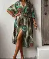 Kadın Kısa Kollu önü Açık Belden Kuşaklı Uzun Kimono