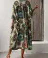 Kadın Kısa Kollu önü Açık Belden Kuşaklı Uzun Kimono