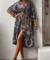 Kadın Kısa Kollu önü Açık Belden Kuşaklı Uzun Kimono