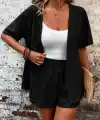 Kadın Kısa Kollu önü Açık Bürümcük Ceket Ve şort Ikili Takım