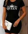 Kadın Kısa Kollu Queen Baskı Iki Iplik Mini Elbise