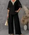 Kadın Kısa Kollu V Dantel Yakalı Aerobin Bluz Ve Pantolon Ikili Takım