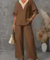 Kadın Kısa Kollu V Dantel Yakalı Aerobin Bluz Ve Pantolon Ikili Takım