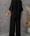 Kadın Kısa Kollu V Dantel Yakalı Aerobin Bluz Ve Pantolon Ikili Takım