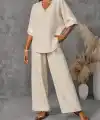 Kadın Kısa Kollu V Dantel Yakalı Aerobin Bluz Ve Pantolon Ikili Takım