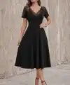 Kadın Kısa Kollu V Dantel Yakalı Midi Viskon Elbise