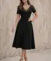 Kadın Kısa Kollu V Dantel Yakalı Midi Viskon Elbise