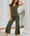 Kadın Kısa Kollu V Dantel Yakalı Sandy Bluz Pantolon Ikili Takım
