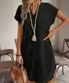 Kadın Kısa Kollu V Hakim Yakalı Kısa Keten Elbise