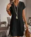 Kadın Kısa Kollu V Hakim Yakalı Kısa Keten Elbise