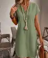 Kadın Kısa Kollu V Hakim Yakalı Kısa Keten Elbise
