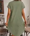 Kadın Kısa Kollu V Hakim Yakalı Kısa Keten Elbise