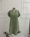 Kadın Kısa Kollu V Hakim Yakalı Kısa Keten Elbise