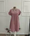 Kadın Kısa Kollu V Hakim Yakalı Kısa Keten Elbise