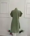 Kadın Kısa Kollu V Hakim Yakalı Kısa Keten Elbise