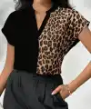 Kadın Kısa Kollu V Hakim Yakalı Leopar Desenli Sandy Bluza